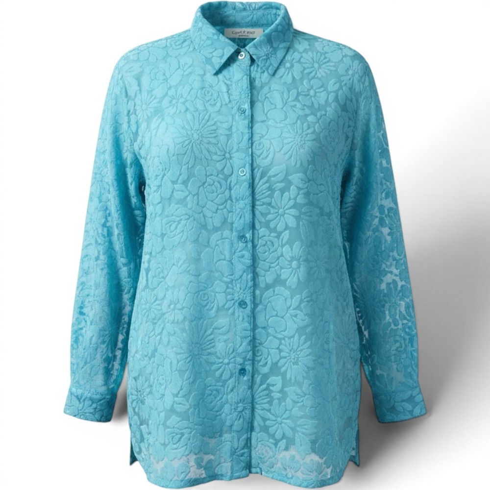 C.L.O.T.H.E.S. Woman Blouse Womens XL Turquoise Excellent Burnout Floral Sheer